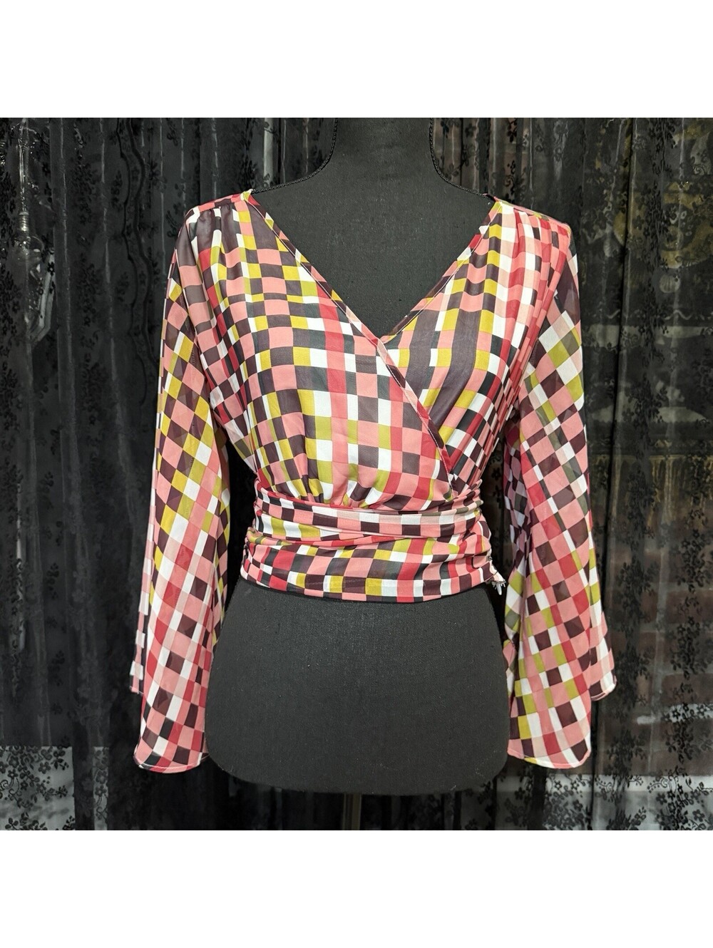 7th Avenue NY&Co Checkered Warped Plaid Wrap Top Mesh Sleeve XS Y2K